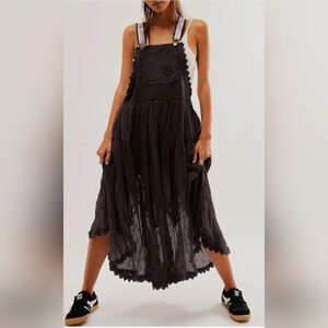 Bib Overall Dress Black Dress Sheer Layer With Tiered Ruffles And Lace Large
